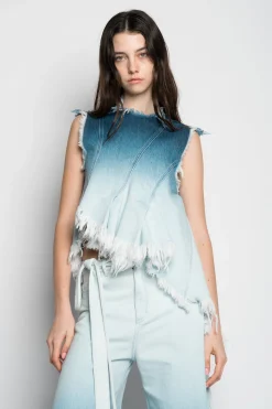 OMBRE DENIM BLUE SLEEVELESS TOP WITH ASYMMETRIC HEM