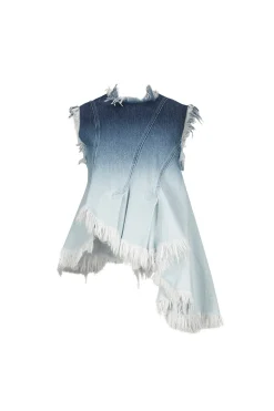 OMBRE DENIM BLUE SLEEVELESS TOP WITH ASYMMETRIC HEM
