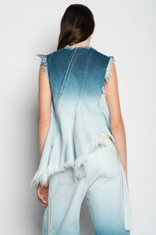 OMBRE DENIM BLUE SLEEVELESS TOP WITH ASYMMETRIC HEM