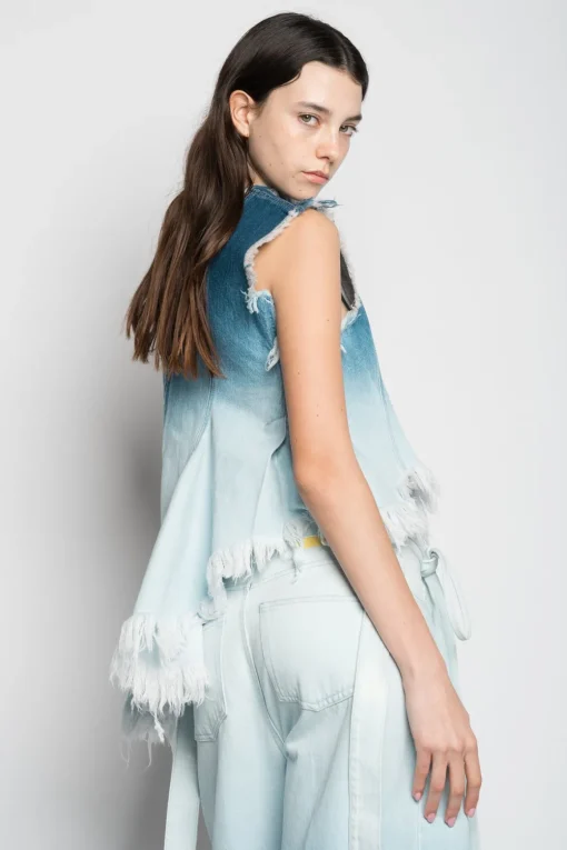 OMBRE DENIM BLUE SLEEVELESS TOP WITH ASYMMETRIC HEM