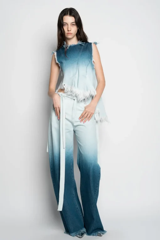 OMBRE DENIM BLUE SLEEVELESS TOP WITH ASYMMETRIC HEM