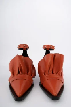 ORANGE POINTY FRILL LACE UP PUMPS