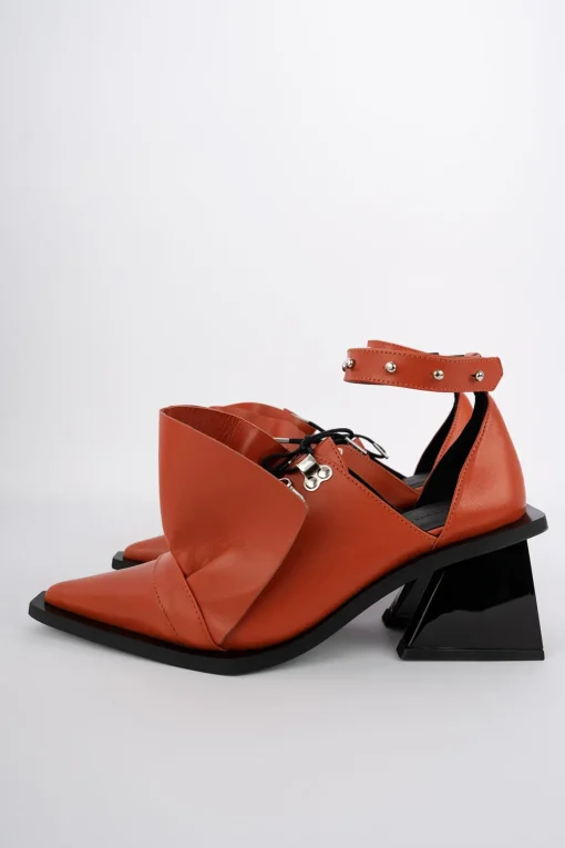 ORANGE POINTY FRILL LACE UP PUMPS