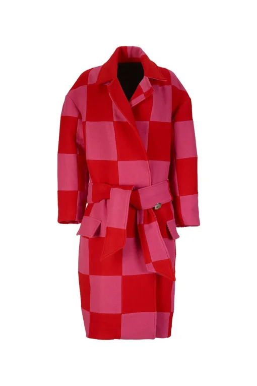 PINK AND RED CHECKED LONG COAT
