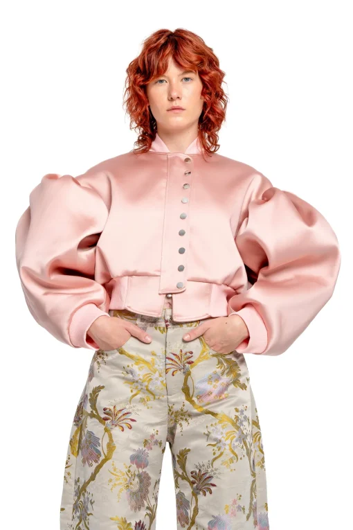 PINK BOMBER JACKET WITH PUFF SLEEVES