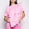PINK DISTRESSED T-SHIRT WITH FEATHERS