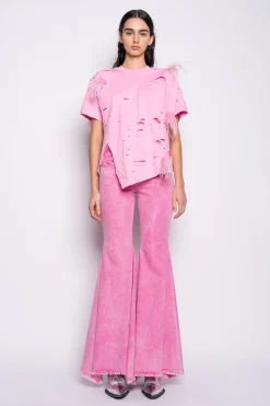 PINK DISTRESSED T-SHIRT WITH FEATHERS