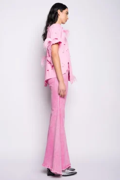 PINK DISTRESSED T-SHIRT WITH FEATHERS