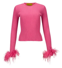 PINK MERINO WOOL FITTED TOP WITH FEATHERS