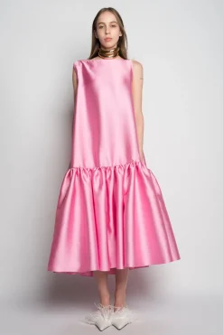 PINK MIDI SLEEVELESS PUFF HEM DRESS