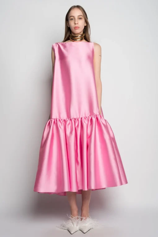 PINK MIDI SLEEVELESS PUFF HEM DRESS
