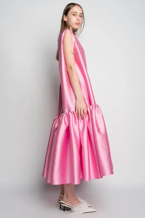 PINK MIDI SLEEVELESS PUFF HEM DRESS