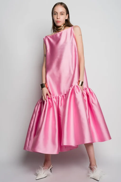 PINK MIDI SLEEVELESS PUFF HEM DRESS