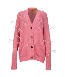 PINK OVERSIZED CARDIGAN WITH FEATHERS PULLS