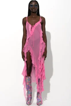PINK SILK STRAP DRESS WITH FRONT LACE UP