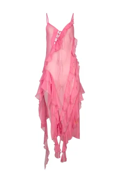 PINK SILK STRAP DRESS WITH FRONT LACE UP