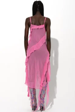 PINK SILK STRAP DRESS WITH FRONT LACE UP