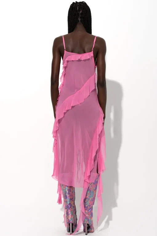 PINK SILK STRAP DRESS WITH FRONT LACE UP