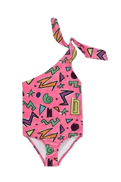 PINK SQUIGGLE PRINT ONE-SHOULDER SWIMSUIT