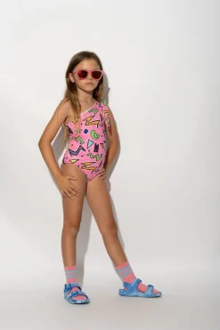 PINK SQUIGGLE PRINT ONE-SHOULDER SWIMSUIT