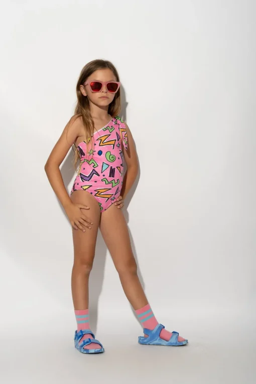 PINK SQUIGGLE PRINT ONE-SHOULDER SWIMSUIT