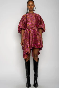 PINK ZEBRA BROCADE BALLOON SLEEVE DRESS