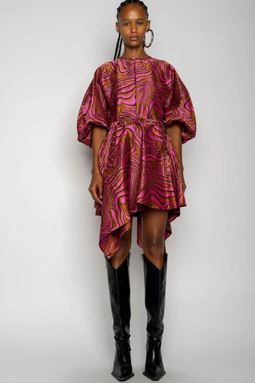 PINK ZEBRA BROCADE BALLOON SLEEVE DRESS