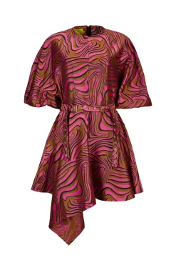 PINK ZEBRA BROCADE BALLOON SLEEVE DRESS