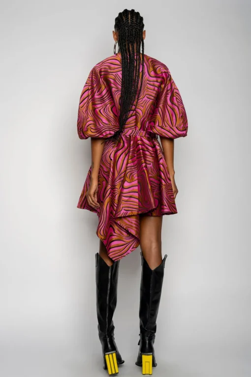 PINK ZEBRA BROCADE BALLOON SLEEVE DRESS