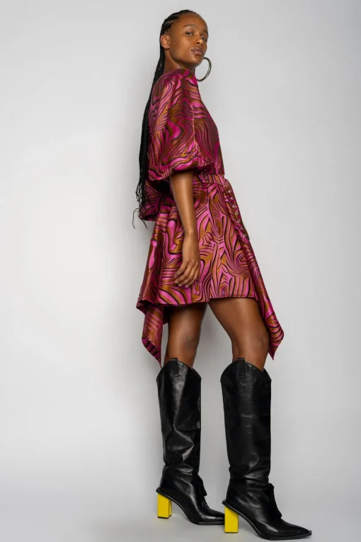 PINK ZEBRA BROCADE BALLOON SLEEVE DRESS