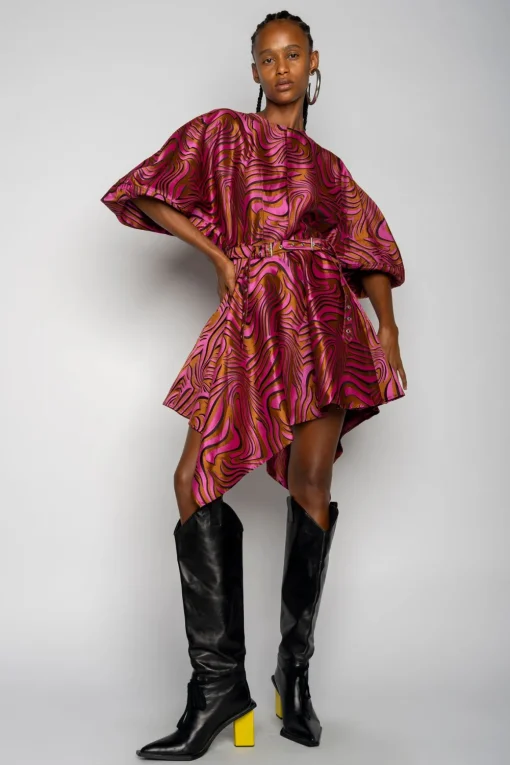 PINK ZEBRA BROCADE BALLOON SLEEVE DRESS