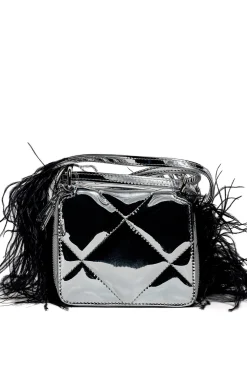PRE-OWNED / SILVER WALLET BAG WITH FEATHER STRAP