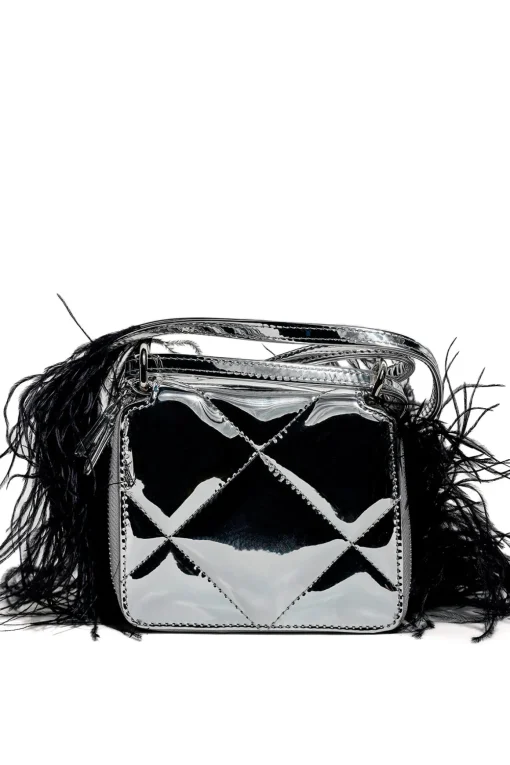 PRE-OWNED / SILVER WALLET BAG WITH FEATHER STRAP