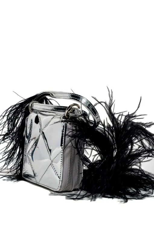 PRE-OWNED / SILVER WALLET BAG WITH FEATHER STRAP