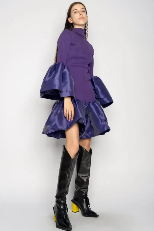 PURPLE PUFF SLEEVE AND HEM DRESS
