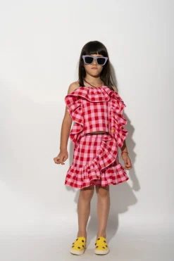 RED AND PINK GINGHAM FRILL TOP