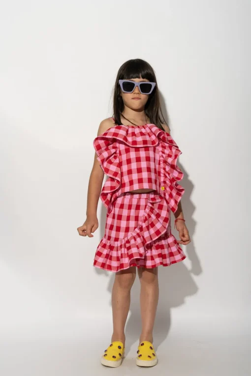 RED AND PINK GINGHAM FRILL TOP