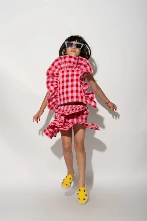 RED AND PINK GINGHAM FRILL TOP