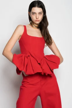 RED CORSET WITH PLEATED HIP PANELS