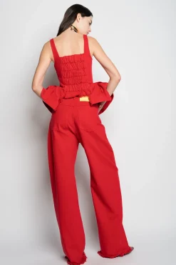 RED CORSET WITH PLEATED HIP PANELS