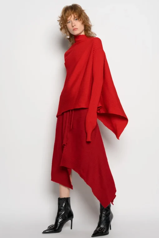 RED DRAPED JUMPER IN MERINO KNIT