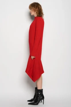 RED DRAPED NECK DRESS