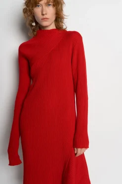 RED DRAPED NECK DRESS
