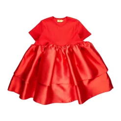 RED DRESS WITH RIB TOP AND MIKADO DOUBLE LAYERED BOTTOM