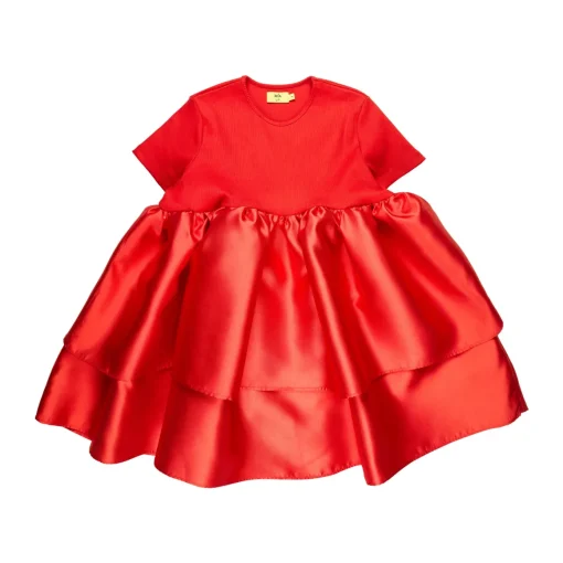 RED DRESS WITH RIB TOP AND MIKADO DOUBLE LAYERED BOTTOM