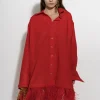RED FEATHER HEM SHIRT DRESS