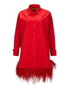 RED FEATHER HEM SHIRT DRESS