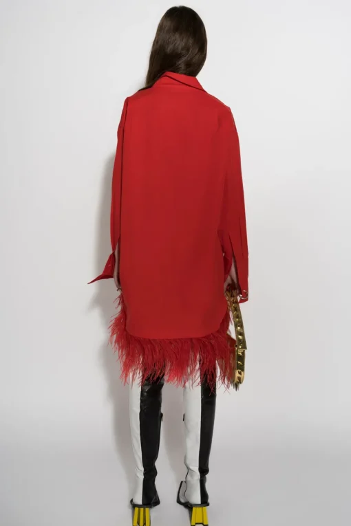 RED FEATHER HEM SHIRT DRESS