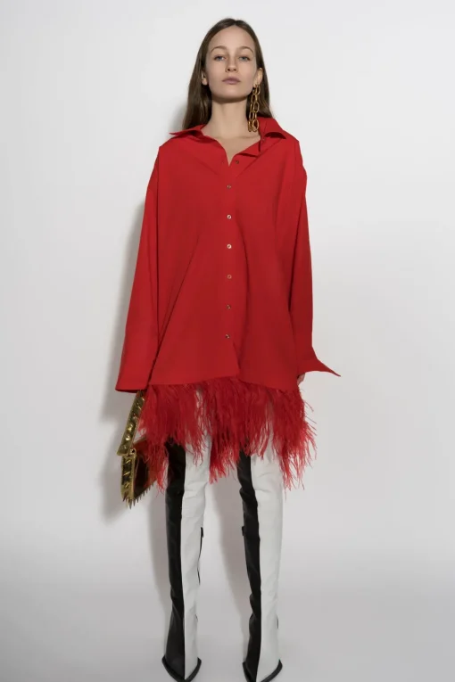 RED FEATHER HEM SHIRT DRESS