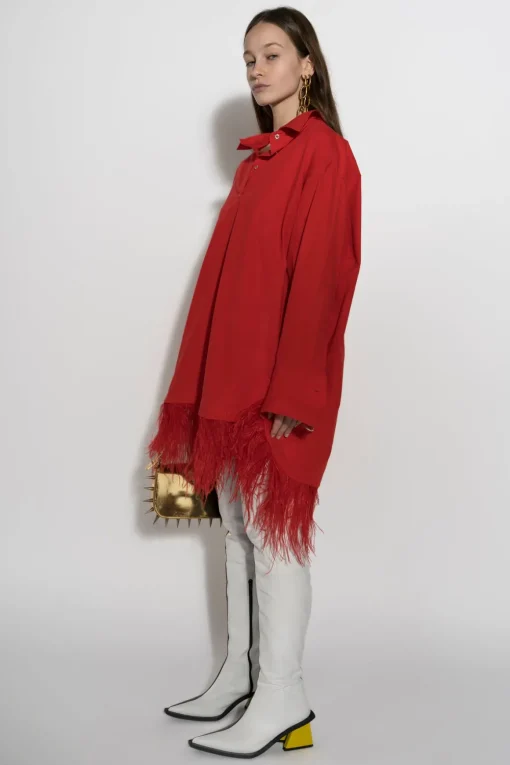 RED FEATHER HEM SHIRT DRESS